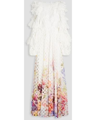Zimmermann Robe aus lasergeschnittener gaze mit floralem print und raffung - Weiß