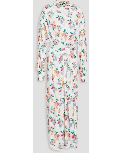 MSGM Belted Floral-print Crepe Midi Dress - White