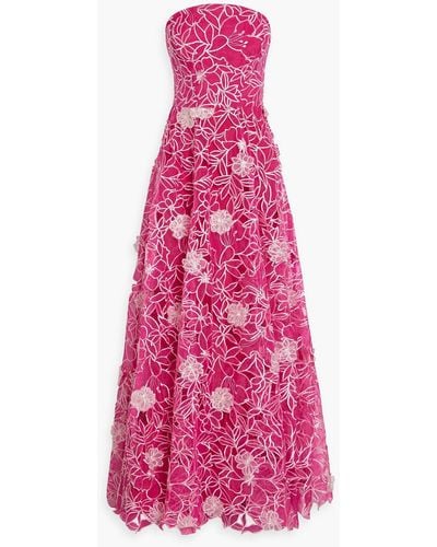 Marchesa Trägerlose robe aus organza mit floralen applikationen - Pink