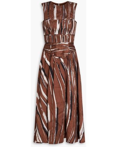 Aje. Gabrielle Pleated Printed Linen-blend Midi Dress - Brown
