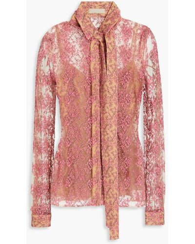 Elie Saab Pussy-bow Embroidered Tulle Blouse - Pink