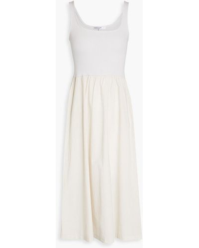 Stateside Ribbed Jersey-paneled Gathered Cotton-poplin Midi Dress - White