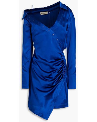Nicholas Eliana Wrap-effect Silk Satin-crepe Mini Shirt Dress - Blue