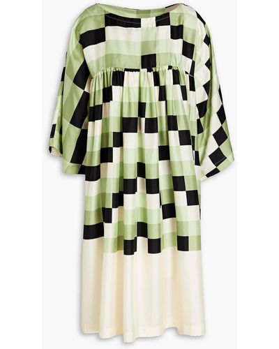 Louisa Parris Garden Gathered Checked Silk-twill Dress - Green