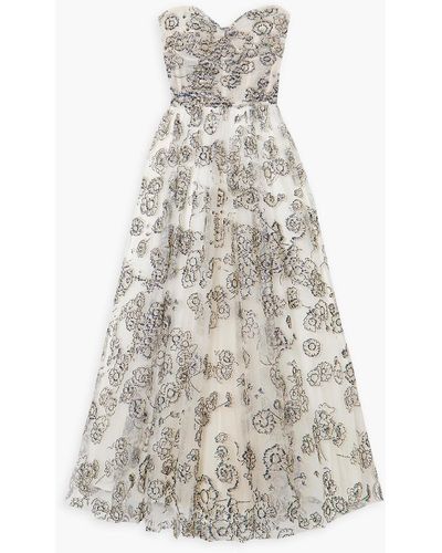 Monique Lhuillier Strapless Glittered Tulle Gown - White