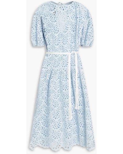 Maje Belted Broderie Anglaise Cotton Midi Dress - Blue