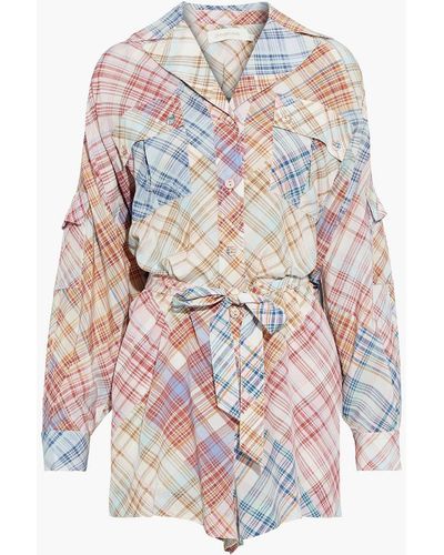 Zimmermann Charm Belted Checked Silk Crepe De Chine Playsuit - Multicolor