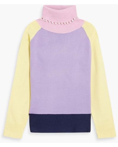 Olivia Rubin Clemmie Embellished Color-block Knitted Turtleneck Sweater - Purple