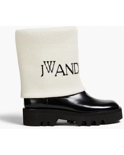 JW Anderson Fisherman Wool-jacquard And Glossed-leather Ankle Boots - White