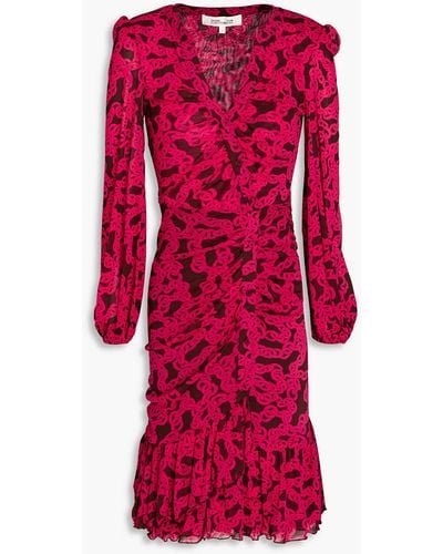 Diane von Furstenberg Rio Ruched Printed Stretch-mesh Mini Dress - Red