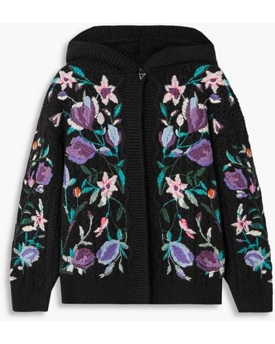 Valentino Garavani Embroidered Hooded Cable-knit Cardigan - Black