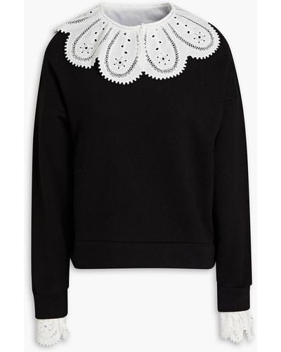 Maje Broderie Anglaise-trimmed Cotton-blend Fleece Sweatshirt - Black