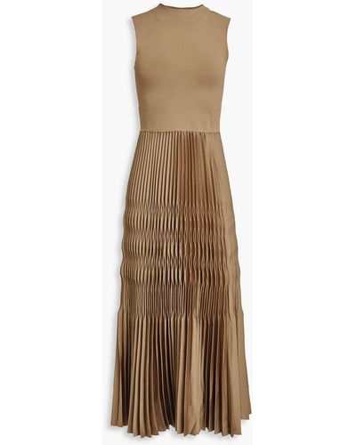Theory Plissé Crepe De Chine And Knitted Midi Dress - Natural