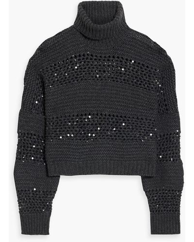 Brunello Cucinelli Sequin-embellished Open-knit Cashmere Turtleneck Sweater - Black