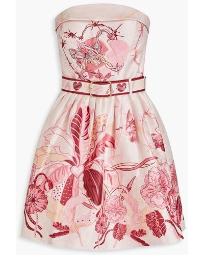 LEO LIN Strapless Floral-print Linen And Silk-blend Mini Dress - Pink
