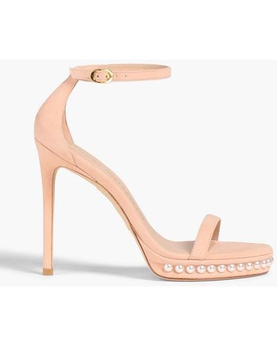 Stuart Weitzman Faux Pearl-embellished Seude Sandals - Pink