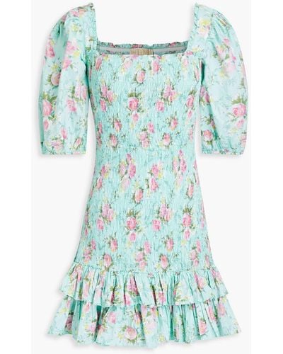 byTiMo Camelia Shirred Floral-print Cotton Mini Dress - Green