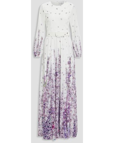 Mikael Aghal Gathered Floral-print Crepe De Chine Maxi Dress - White