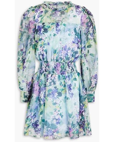 ML Monique Lhuillier Shirred Floral-print Chiffon Mini Dress - Blue