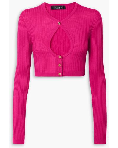 Versace Cropped cardigan aus gerippter wolle mit cut-outs - Pink
