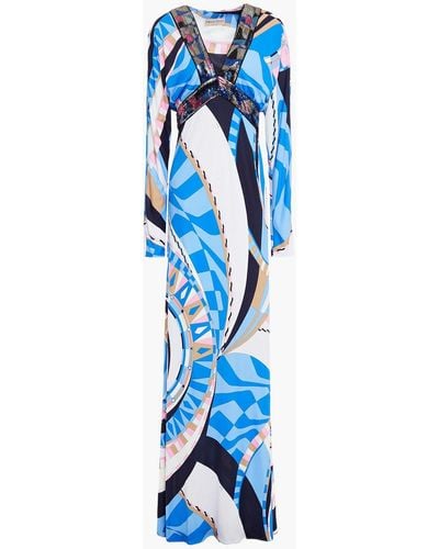Emilio Pucci Embellished Printed Jersey Maxi Dress - Blue