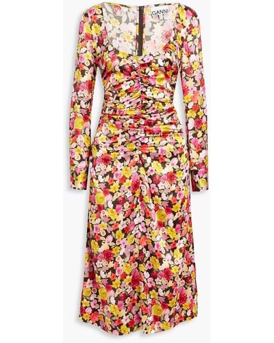Ganni Ruched Floral-print Silk-blend Satin Midi Dress - Multicolor