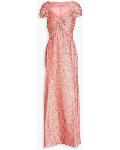 THEIA Twist-front Cutout Metallic Jacquard Gown - Pink
