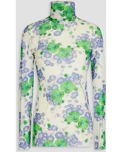 Ganni Long Sleeved Top In Mesh With Floral Pattern - Green