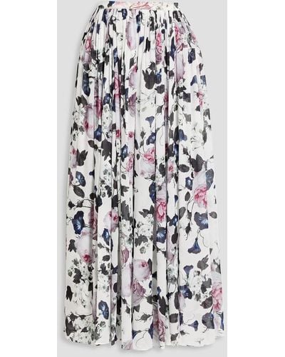 Erdem Lindie Gathered Floral-print Crepe De Chine Maxi Skirt - White