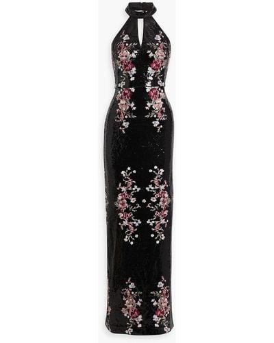 Marchesa Cutout Embellished Tulle Halterneck Gown - Black