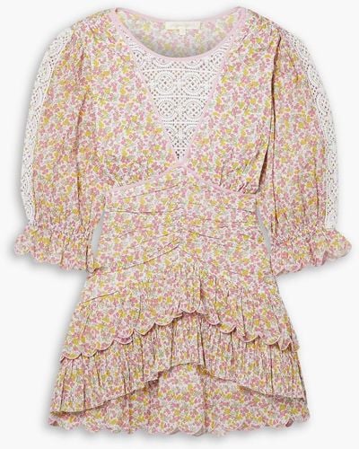 LoveShackFancy Marquise Crochet-trimmed Tiered Floral-print Cotton-voile Mini Dress - Natural