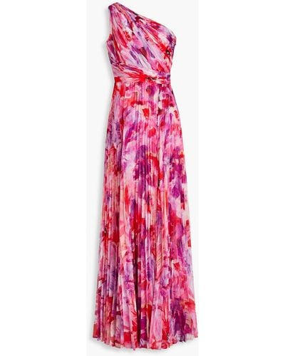 Marchesa One-shoulder Pleated Floral-print Chiffon Gown - Pink