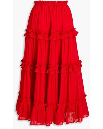 LEO LIN Ruffle-trimmed Linen And Silk-blend Gauze Midi Skirt - Red