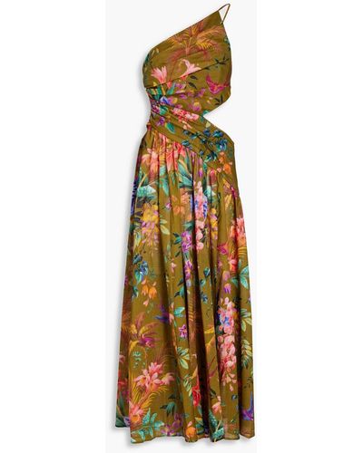 Zimmermann One-shoulder Floral-print Cotton Midi Dress - Metallic