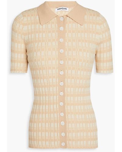 Anna Quan Striped Ribbed Cotton Polo Shirt - Natural