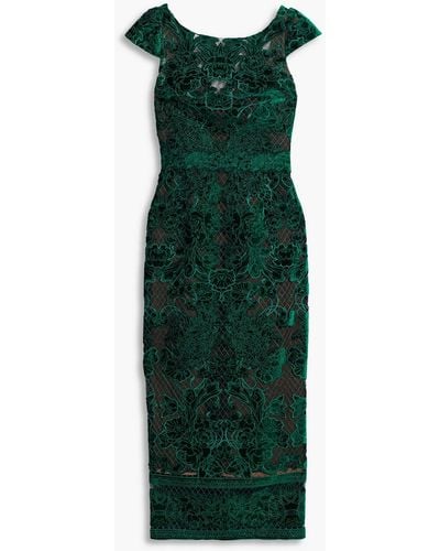 Marchesa Embroidered Velvet-appliquéd Tulle Dress - Green