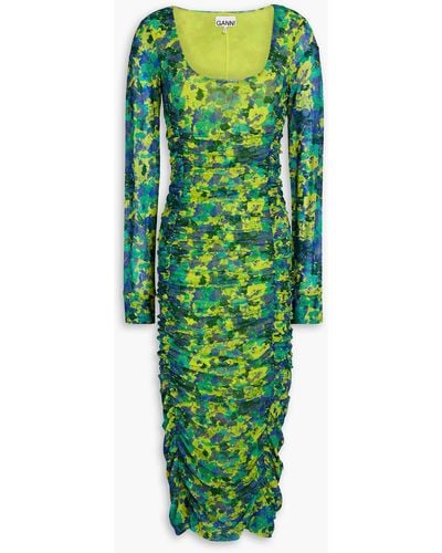 Ganni Ruched Printed Stretch-mesh Midi Dress - Green