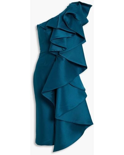 Badgley Mischka One-shoulder Ruffled Duchesse Satin Midi Dress - Blue