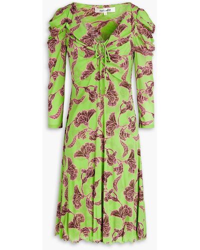 Diane von Furstenberg Merlot Ruched Floral-print Stretch-mesh Dress - Green