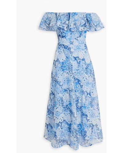 Mikael Aghal Off-the-shoulder Ruffled Printed Broderie Anglaise Midi Dress - Blue