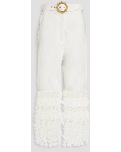 Zimmermann Cropped Guipure Lace And Linen Straight-leg Pants - White