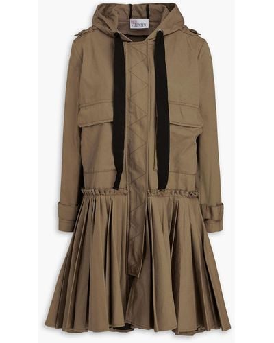 RED Valentino Pleated Cotton-gabardine Hooded Jacket - Brown