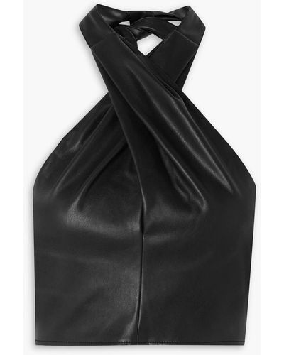 STAUD Kai Cropped Faux Leather Halterneck Top - Black