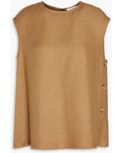 Loulou Studio Frayed Button-embellished Linen-blend Twill Top - Brown
