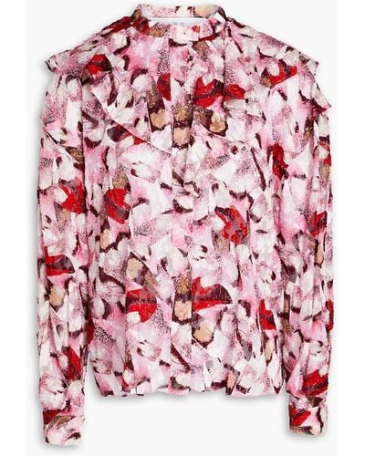 IRO Carus Ruffled Printed Fil Coupé Silk And Cotton-blend Blouse - Red