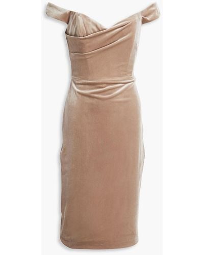 Marchesa Off-the-shoulder Draped Velvet Dress - Brown