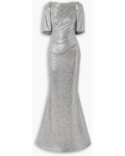 Talbot Runhof Cape-effect Gathered Embellished Stretch-jersey Gown - Gray