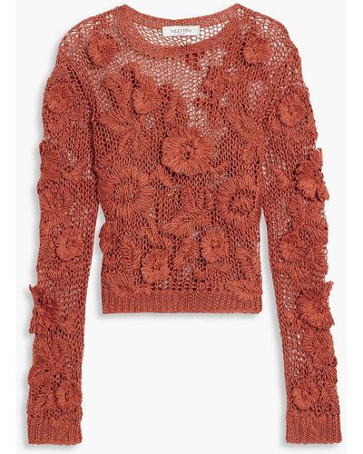 Valentino Garavani Floral-appliquéd Crochet-knit Flax Sweater - Red