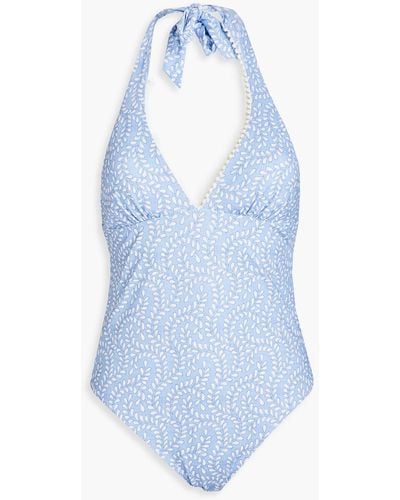 Heidi Klein Seychelles Pompom-trimmed Printed Halterneck Swimsuit - Blue