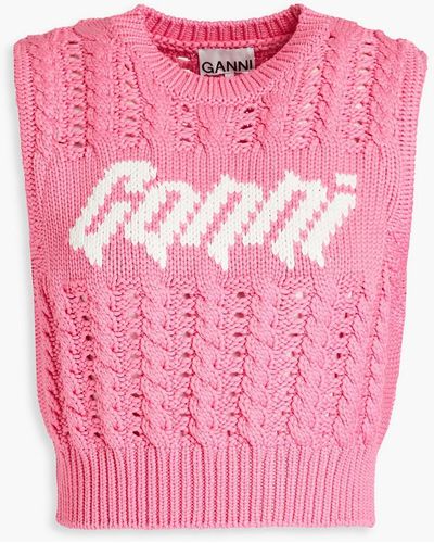 Ganni Cropped Jacquard And Pointelle-knit Vest - Pink